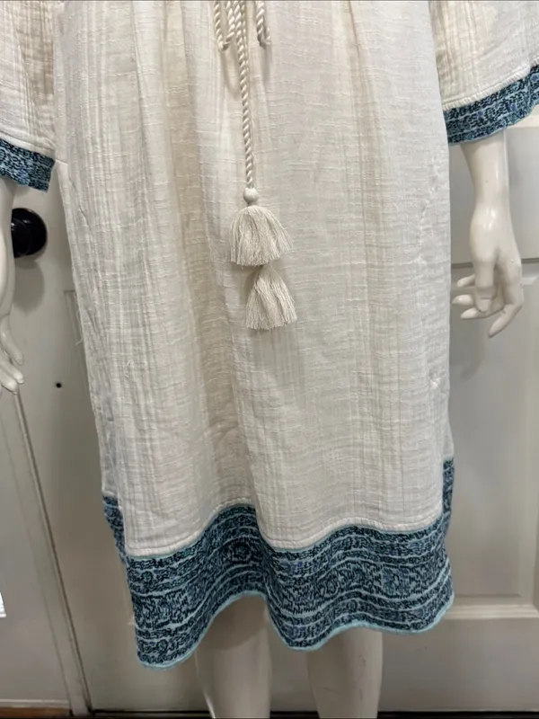 J Jill Gauzy Lined Ivory Dress XL Boho Drawstring Waist Blue Trim Pockets - Image 5