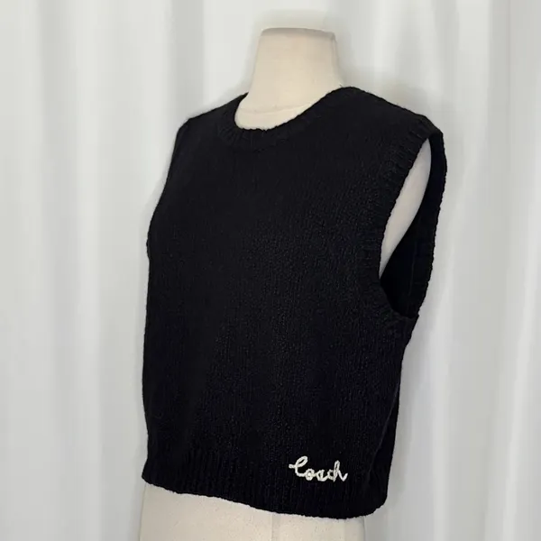 COACH Crewneck Sweater Vest Black Embroidered Organic Cotton Wool Cashmere Large - Image 6