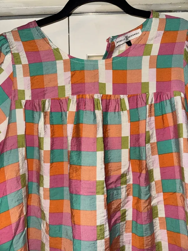 Checked Puff-Sleeve Blouse in Pink, Orange & Teal - Women - Image 2