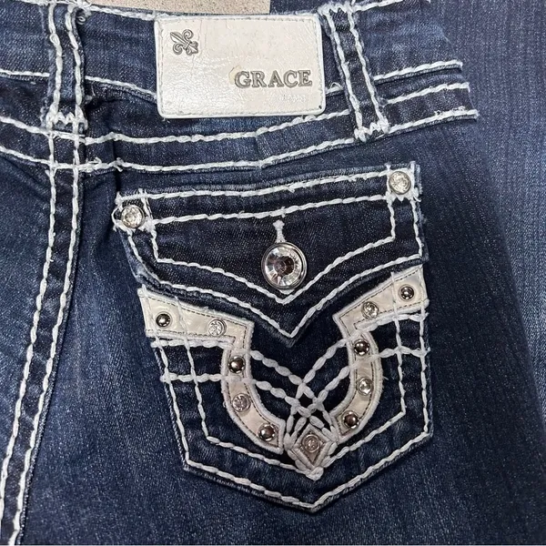 Grace in LA Women's Dark Wash Embellished Western Boot Cut Jeans Size 27 - Image 4