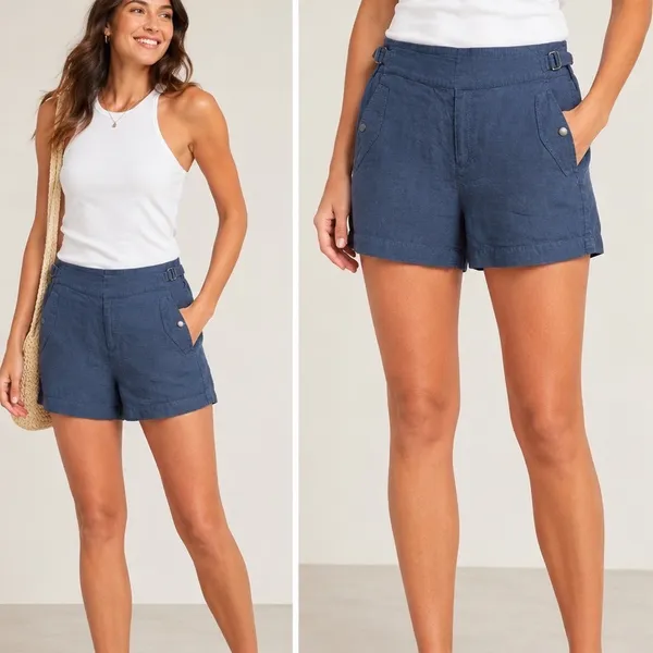 Athleta Cabo Linen Shorts Navy Blue 586829-02 Womens Size 8 Elastic‎ Side Buckle - Image 2