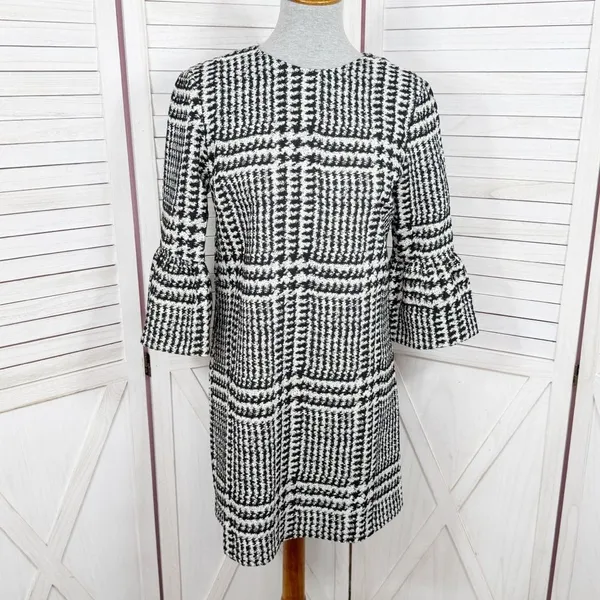 Zara Houndstooth Check Bell Cuff Shift Mini Dress Black Cream Medium‎ - Image 2