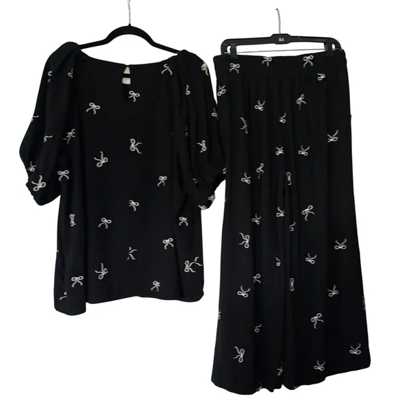 Umgee Black White Bow Print Linen Cotton 2 Piece Set Top Wide Leg Pants XL - Image 2