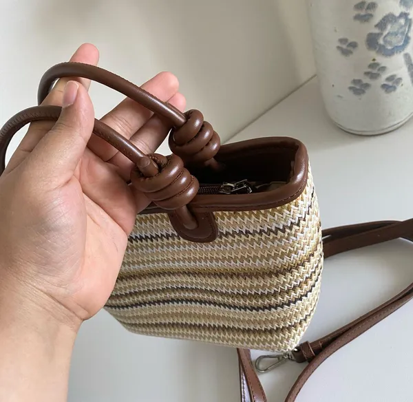 Women’s stylish beige brown handwoven Straw Fabric Tote crossbody shoulder Bag - Image 7