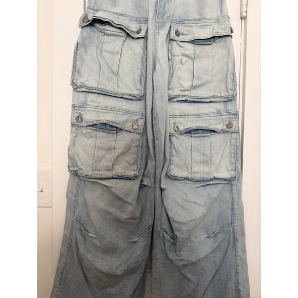 Zara Women Light Wash Multi Pocket Cargo Wide Leg Denim Jeans High Rise SIZE 4 - Image 12