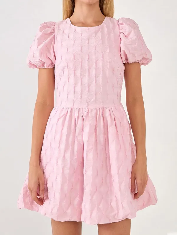 English Factory Textured Balloon Sleeves Bubble Hem Mini Dress Pink - Image 2