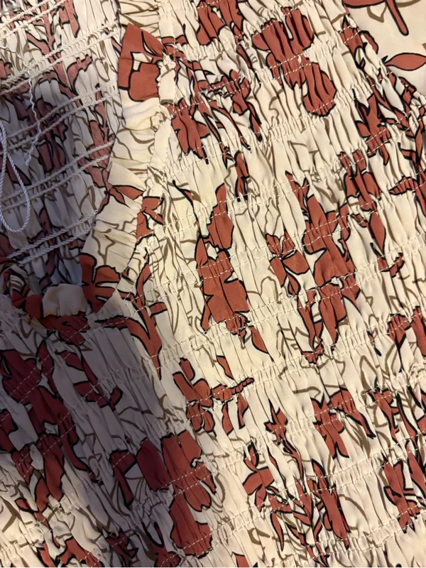 Smocked Floral Midi Dress in Cream with Rust Floral Print - Image 3