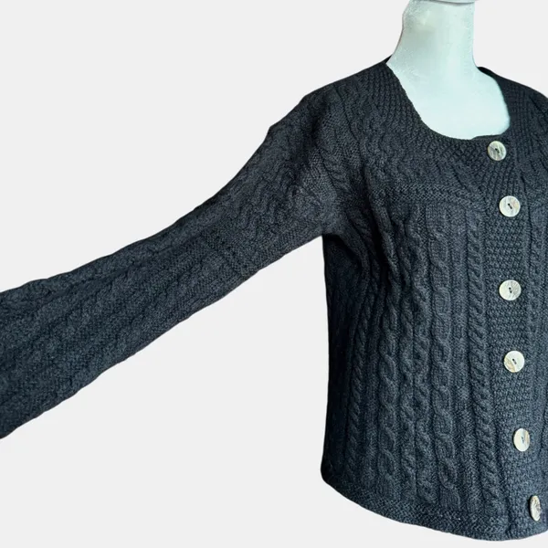 Aran Crafts 100% Merino Wool Cable‎ Knit Cardigan Black Button Up Cardigan Sz M - Image 4