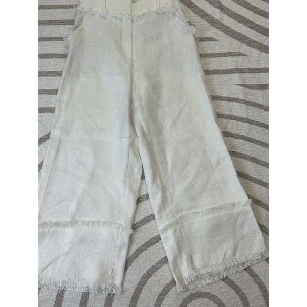 Uterqüe Women Off White Wide Leg Crop Pants Textured Raw Hem Fringe High Waist S - Image 3