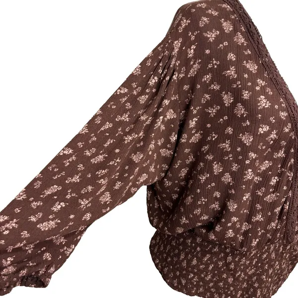 Maurices Boho Floral Blouse Brown Smocked Waist Surplice Neck‎ Cottagecore XXL - Image 3