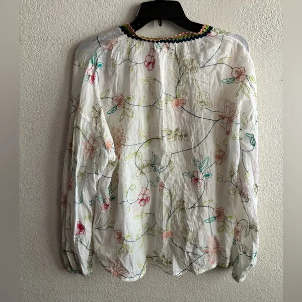 Zara Embroidered Tassel Tie Ivory Peasant Blouse L - Image 7