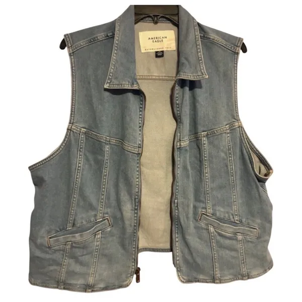 American Eagle Light Blue Zip Collared Denim Vest with Pockets Women's Size XXL - Image 3