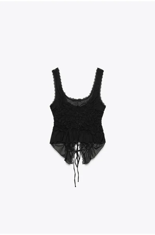 Zara Black Lace-Trim Ruched Tie-Front Tank Top - Women - Image 4