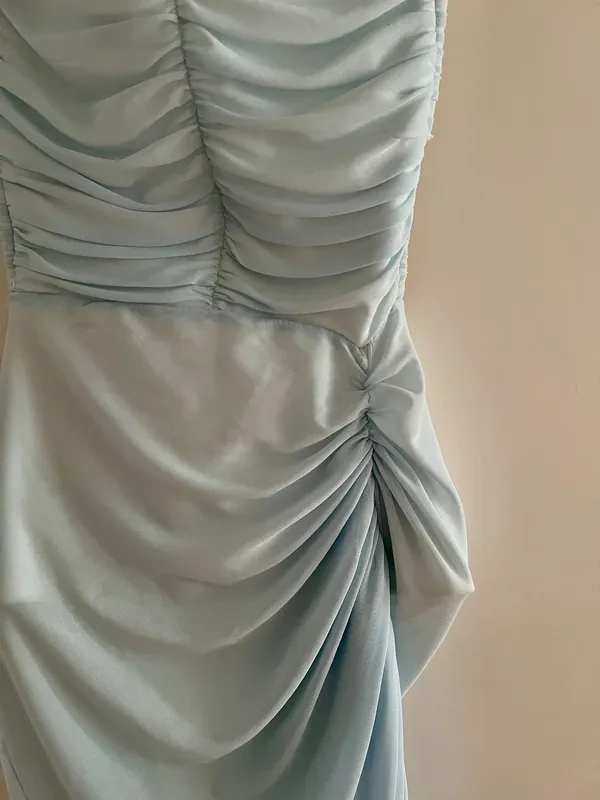 Light Blue Sheer Ruched Sexy Open Back Asymmetrical Dress Size Small - Image 2