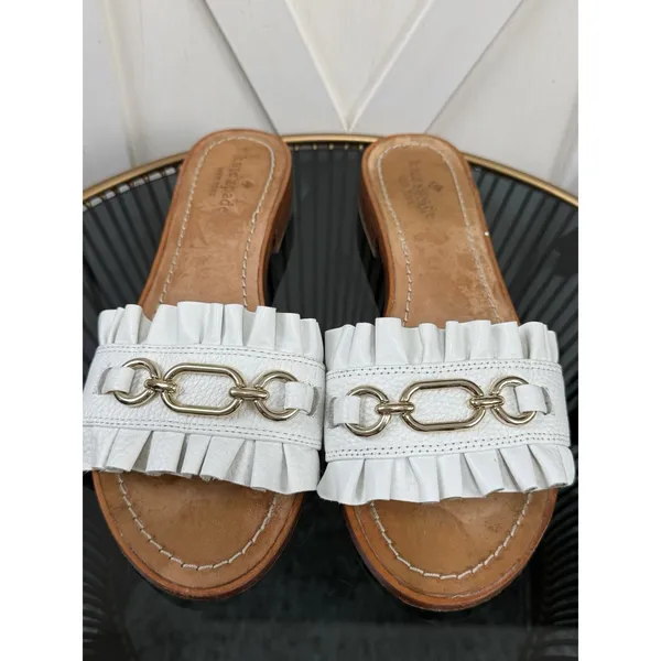 Kate Spade New York Brie Sandals Women’s 8.5 M White Leather Gold Chain Fringe - Image 7