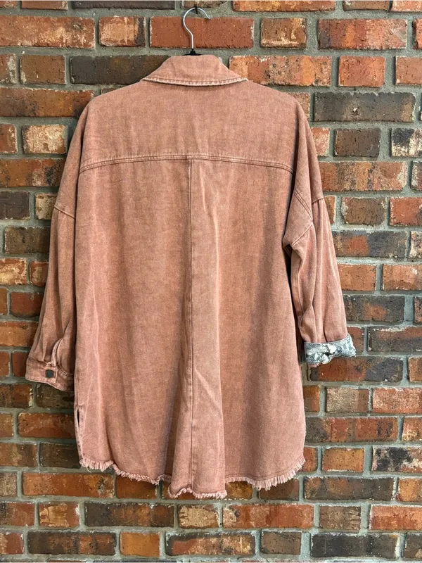 She + Sky womens snake print cuffs raw hem denim shacket burnt orange S - Image 5