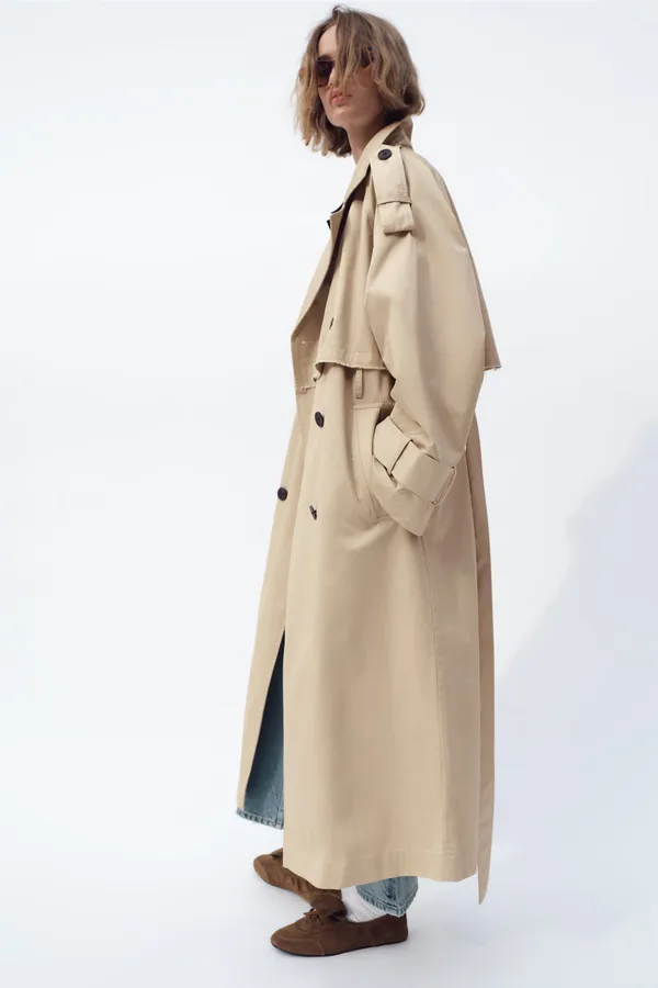 ZARA coat jacket overcoat trench duster long beige tan casual - Image 9