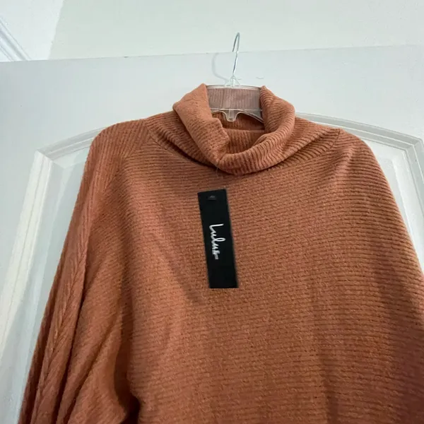 Lulus Sip On Cider Rust Orange Ribbed Turtleneck Cross Back Top - Size L - Image 4