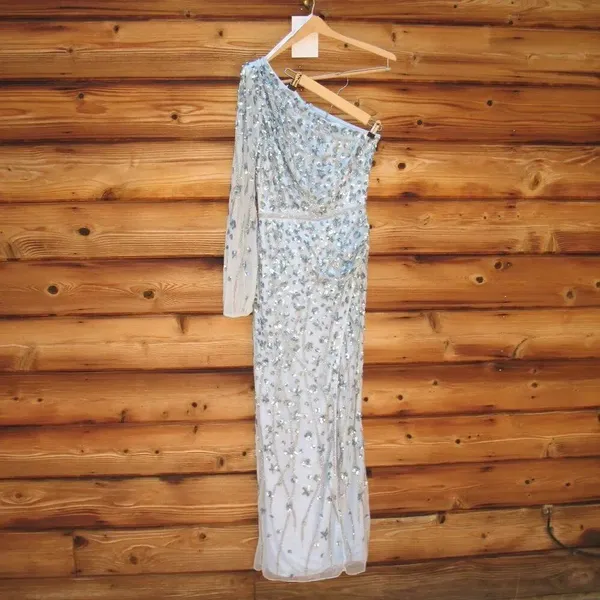 MAC DUGGAL Blue Embellished One Sleeve Faux Wrap Gown Dress 8 - Image 5