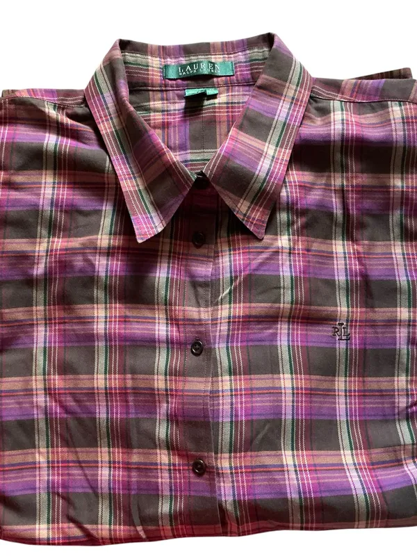 Ralph Lauren women’s plaid button down long sleeve shirt purple green size 2X - Image 2