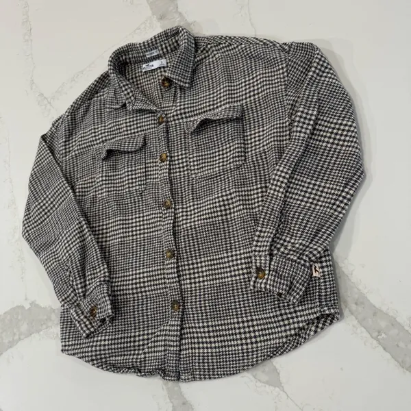 Hollister Boyfriend Fit Houndstooth ButtonUp Flannel Shirt Womens Small Gray/Tan - Image 3