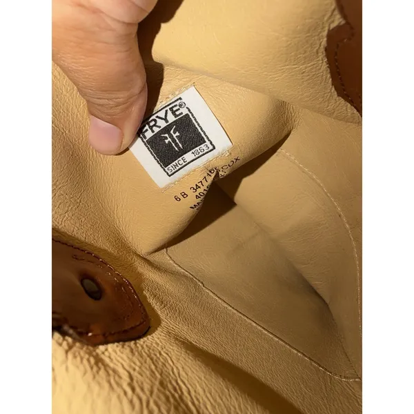 Frye Melissa Cognac Brown Leather‎ Button Logo Tall Riding Boots Women's 6B READ - Image 8