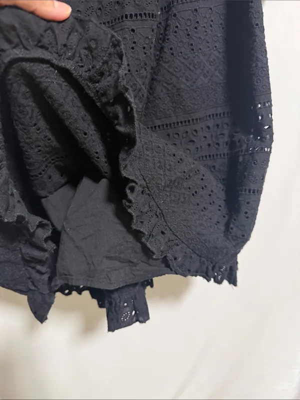 Zara‎ Basic Black Eyelet Embroidery Ruffle Mini Dress Small Boho Puff Sleeve - Image 6