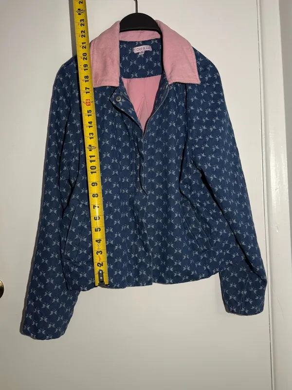 Anthropologie Dot & Lu Quilted Blue Floral Jacket Pink Collar Missing Zipper - Image 6