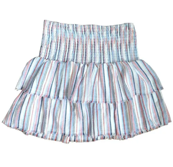 Coquette Colorful Smocked Waist Tiered Mini Skirt, Lined Blue Red White S NWOT - Image 2
