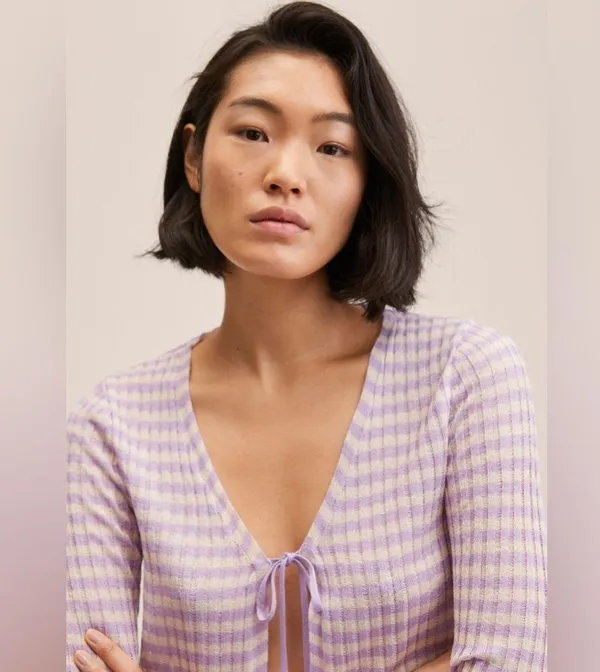 Mango NWT KNITTED CROPPED CARDIGAN STRIPED PURPLE WHITE LIGHTWEIGHT TIE DETAIL - Image 2