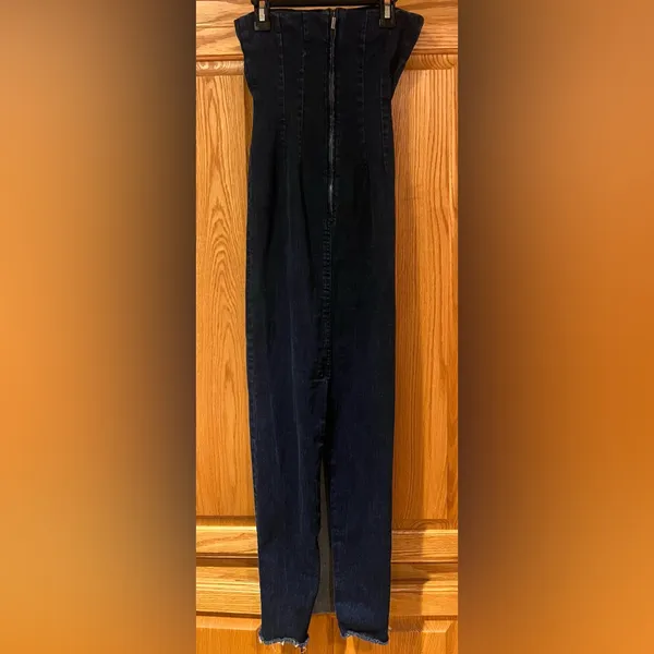 ZARA Dark Denim Strapless Raw Hem Back Slit Bodycon Tube Midi Dress‎ Size XS - Image 12