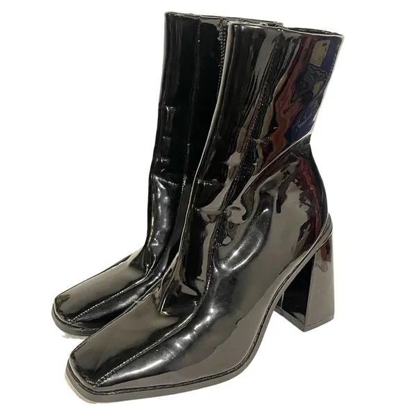 Nasty Gal Size 6 Black Patent Square Toe Flare Heel Boots‎ Zipper Side - Image 2