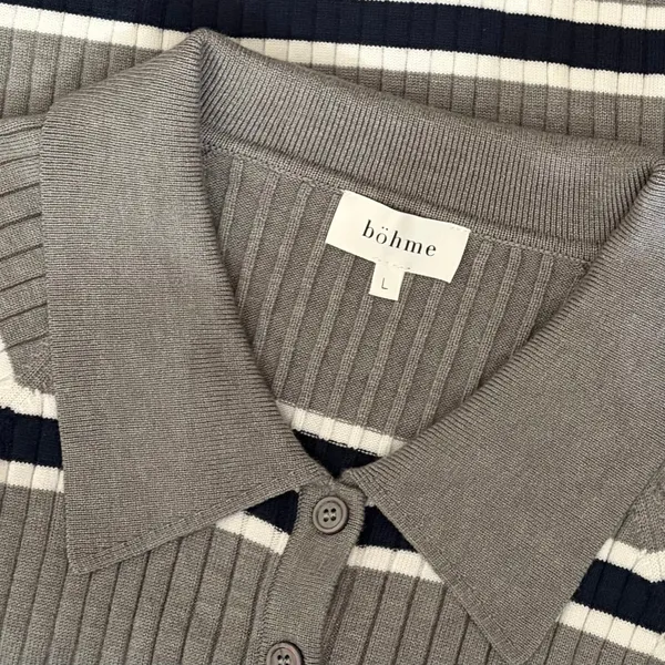 BOHME Striped Polo Henley Sweater Gray Navy Blue White Buttons Pullover Large - Image 10