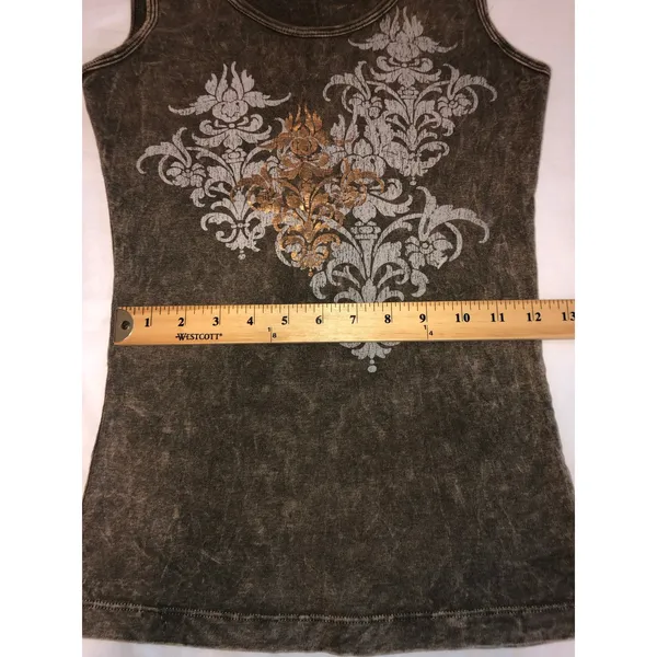 Y2K Tank Top Size M Acid Wash Brown Gold Foil Damask Floral Graphic 90s Revival - Image 5