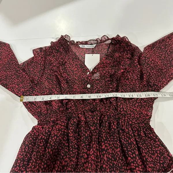 Zara Red & Black Cheetah Print Long‎ Sleeve Ruffled Mini Dress Size L - Image 9