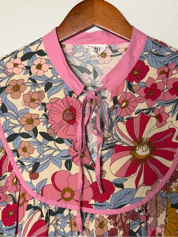 BiBi Medium Floral Boho Babydoll Blouse Pink Cottagecore Western Top Medium - Image 5