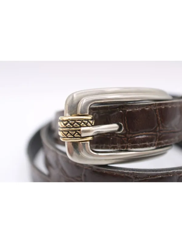 Brown Croc Embossed Vegan Leather Belt -18 Western Y2K Retro Silver Gold Buckle - Image 4