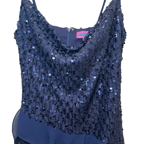 Edikted Sequin Ruffle Cowl Neck Mini Dress Navy Blue Women’s Size Small NWT - Image 5