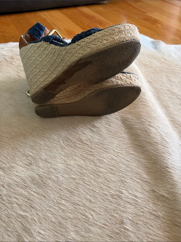 Steve Madden Navy Braided Espadrille Wedges with Tan Trim - Image 7