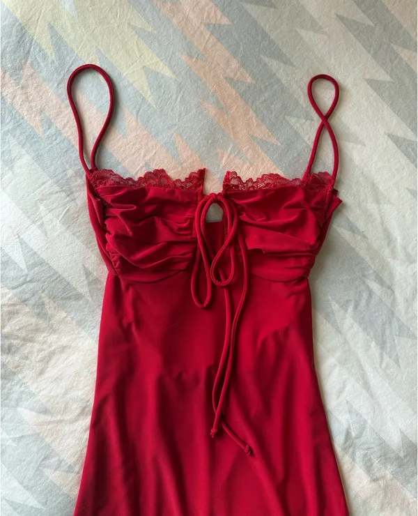 Red Lace Trim Strappy Mini Dress XS - Image 2