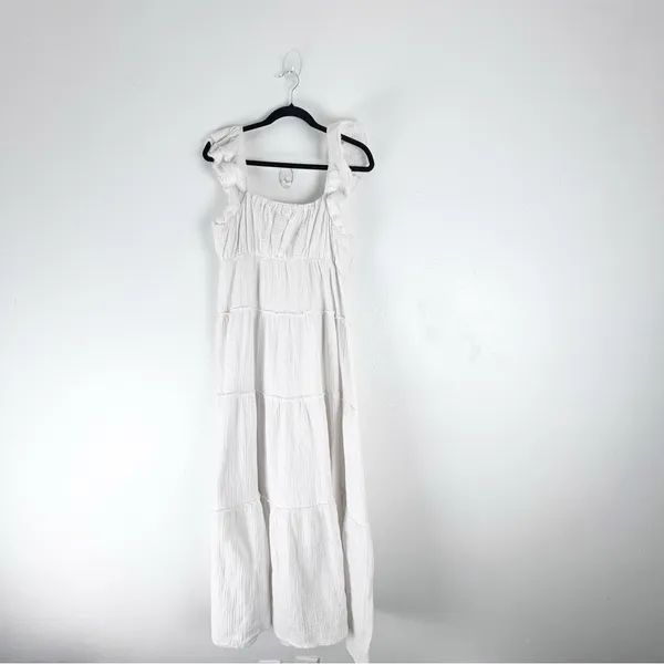 FREE THE ROSES 100% Cotton White Gauzy Tiered Lined Pockets Midi Dress Medium - Image 2