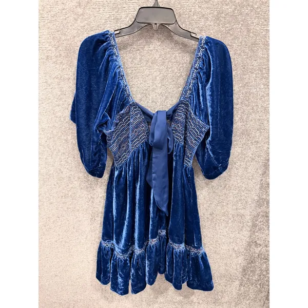 Free People Womens Dress XS Blue Velvet Smocked Tie Back Ruffle Mini Dress - Image 8