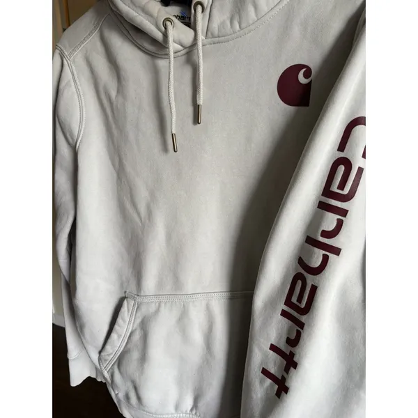Carhartt Hoodie Women Sz Large Maroon & Cream Relaxed Fit Logo Sleeve Pullover - Image 2