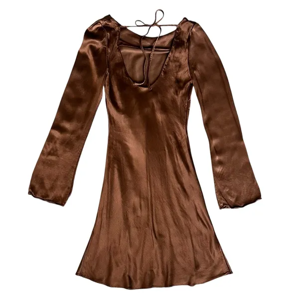 By Anthropologie Women’s Long Bell Sleeve Cowl Neck Satin Brown Mini Dress XS - Image 6
