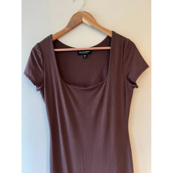 Sz L Brown‎ See You Monday T-Shirt Maxi Dress Square Neck Pullover - Image 2