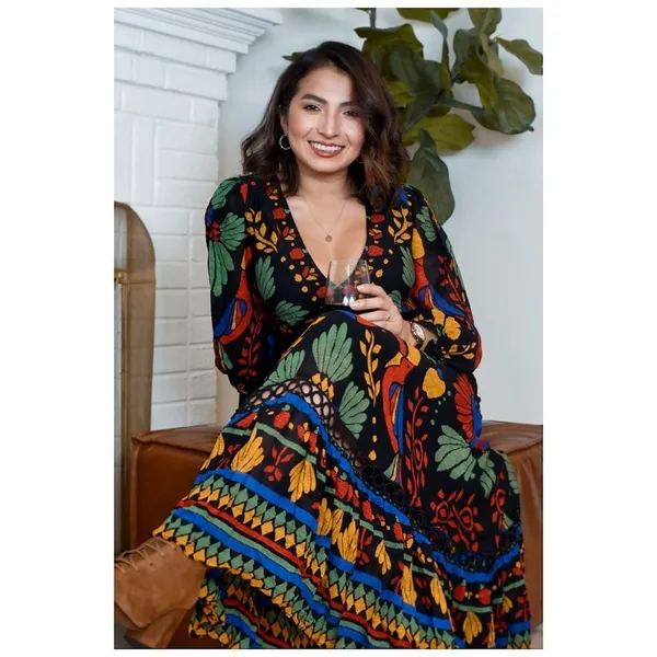 Farm Rio Black Tropical Toucan Floral V-Neck Maxi Dress XS Long Puff Sleeve Boho - Image 2