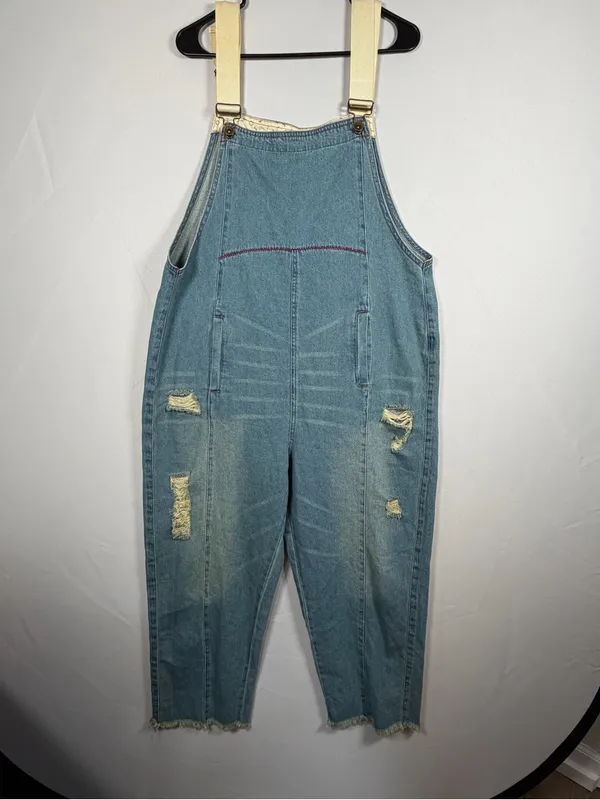 Women’s Denim Overalls Size M Light Wash Distressed Cropped Baggy Utility - Image 3