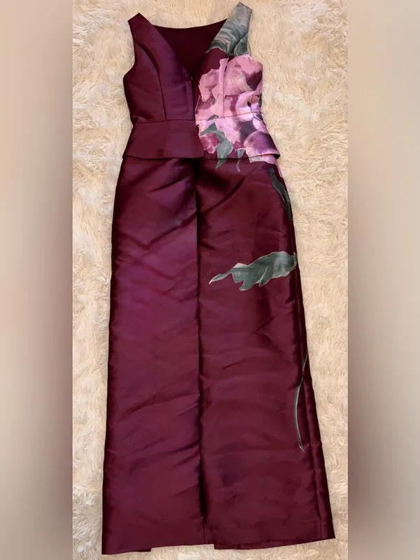 NEW NEW, Kay Unger Luciana Placed Floral Column Sleeveless Gown Mulberry Sz 0 - Image 6