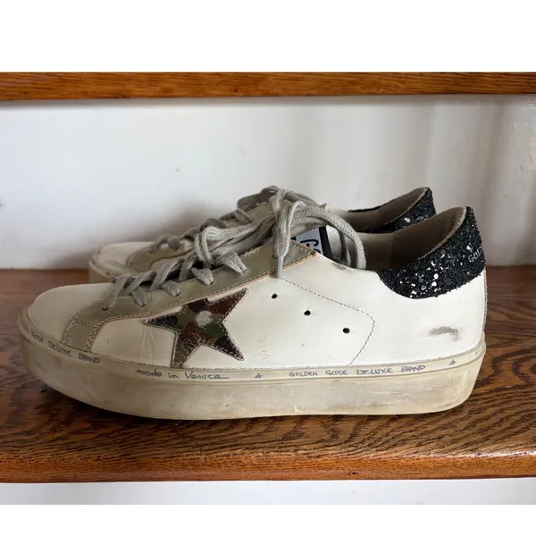 Golden Goose‎ Hi Star White Leather Camo Star Glitter Platform Sneakers 40 - Image 2