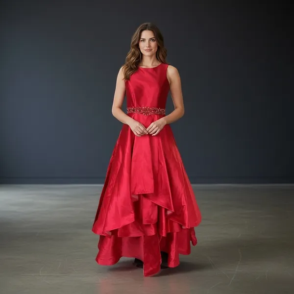Mac Duggal Red Tiered‎ Ruffle Beaded Waist High Neck Ball Gown Dress Size 8 - Image 4